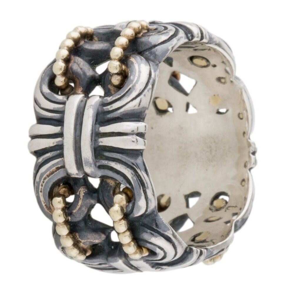 LAGOS STERLING SILVER & 18K YELLOW GOLD CAVIAR BEADED BAND RING - Picture 3 of 6